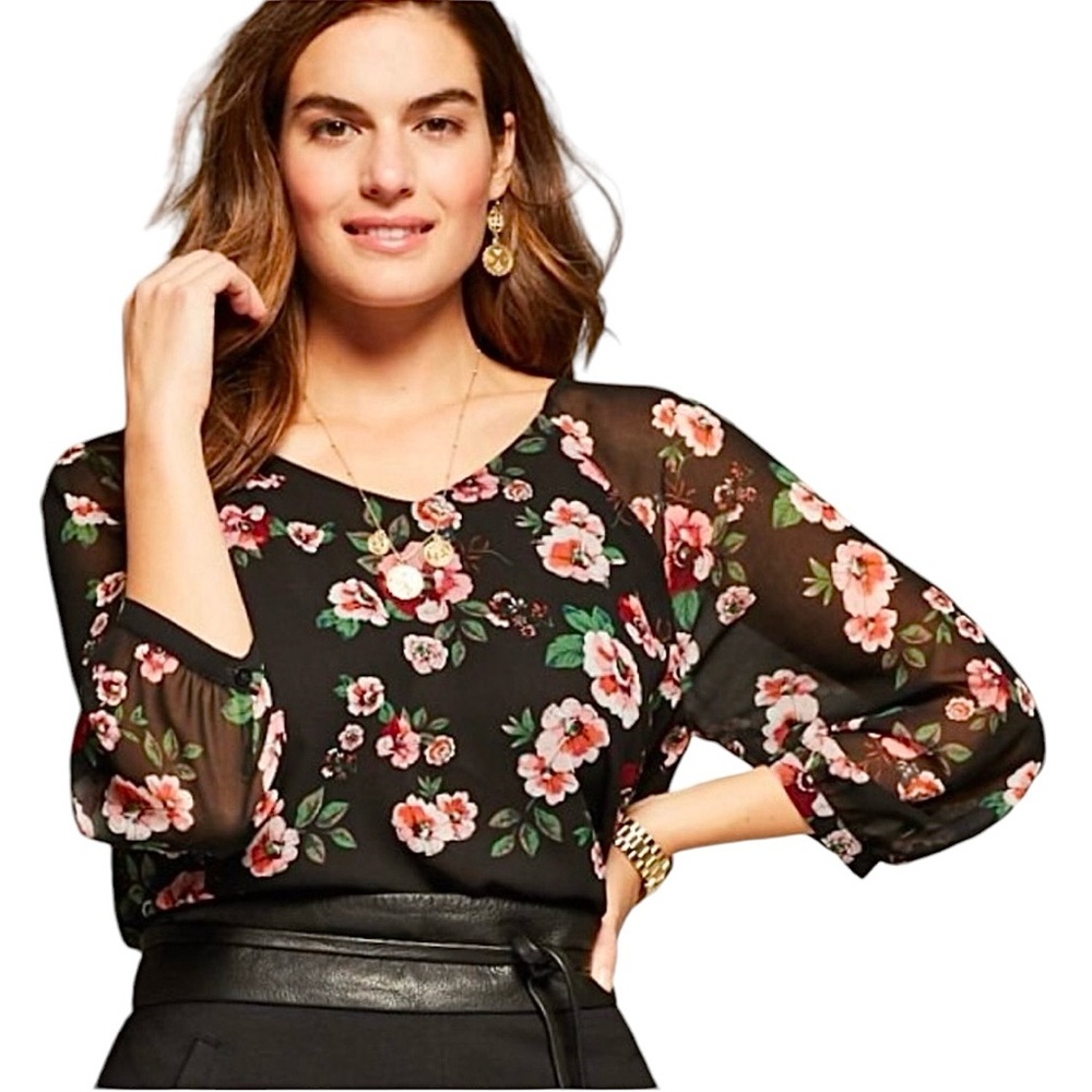 Cabi 3595 Blouse Size XS Garden Floral Black Pink Flowy Lightweight Office Work